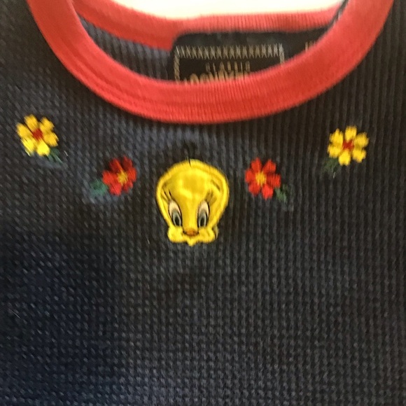 Vtg 90’s Kids Looney Tunes Tweety Bird Thermal Long Sleeve Shirt Sz. L/G Navy - Picture 6 of 8